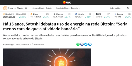 Read the full Article:  ⭲ Há 15 anos, Satoshi debateu uso de energia na rede Bitcoin: “Seria menos cara do que a atividade bancária”