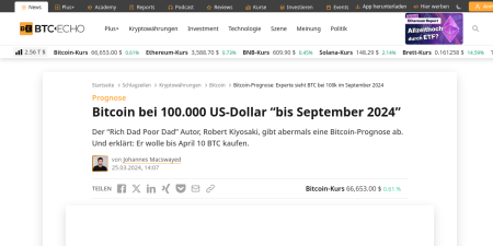 Read the full Article:  ⭲ Bitcoin-Prognose: Experte sieht BTC bei 100k im September 2024