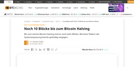 Read the full Article:  ⭲ Countdown läuft: Noch 10 Blöcke bis zum Bitcoin Halving