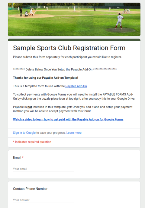 Google Form Templates - Sample Sports Club Registration Form