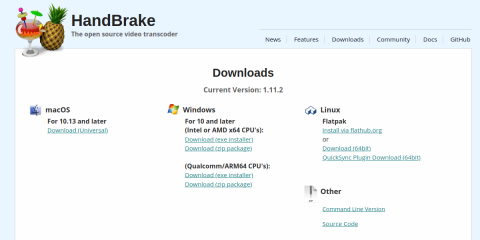 HandBrake downloads page screenshot