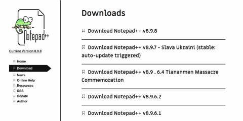 Notepad++ downloads page screenshot