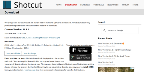 Shotcut download page screenshot