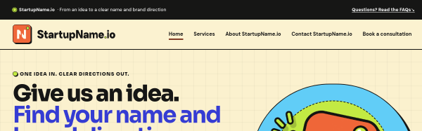 Screenshot of StartupName.io website