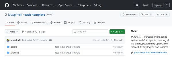 Screenshot do OASIS Template — framework multi-agente de IA desenvolvido por Luiz Spinelli