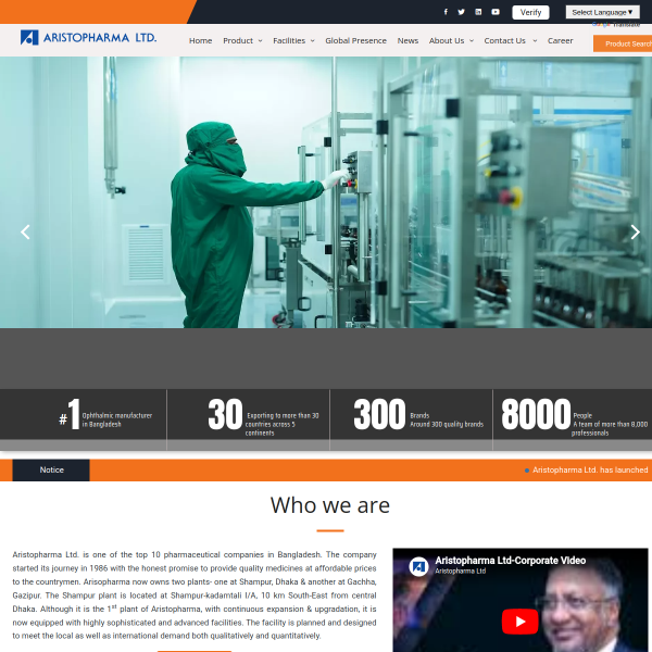 Website preview of Aristopharma Ltd.