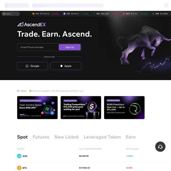 Website preview of AscendEX