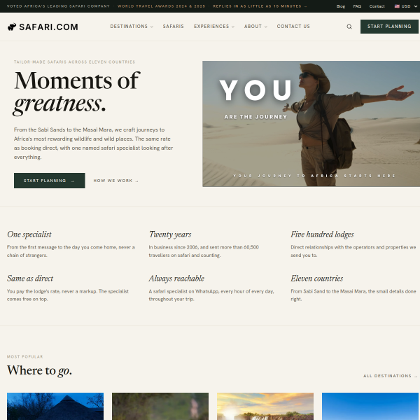 Website preview of Safari Fly Travel