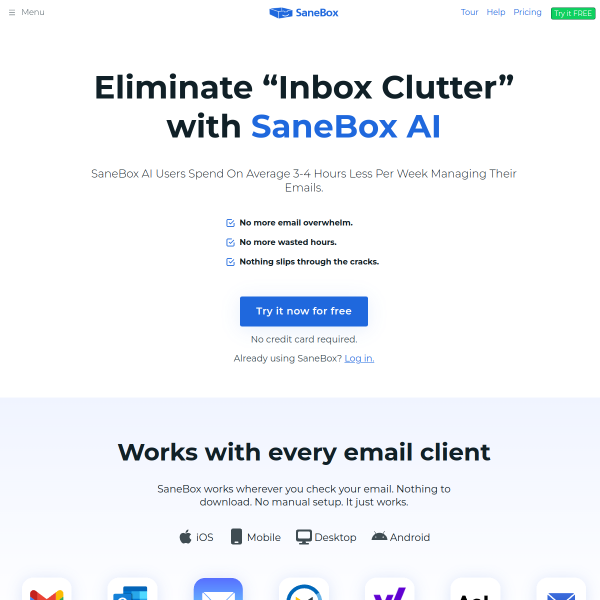 Website preview of SaneBox.com