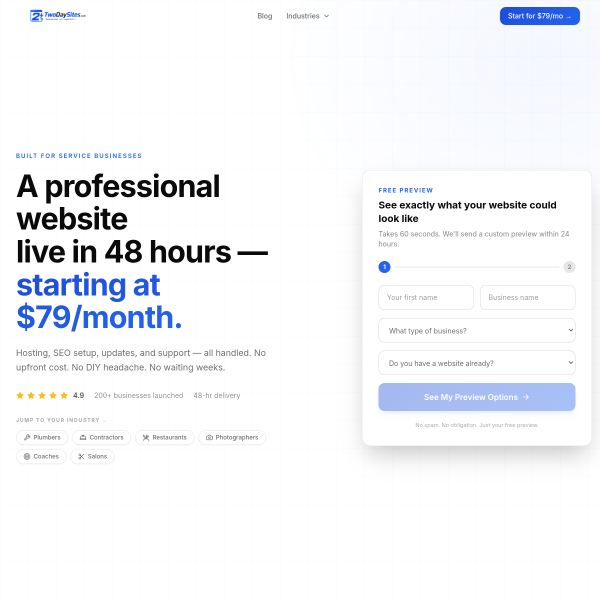 TwoDaySites website built by Growth Marketing