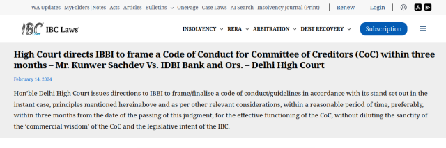 Mr. Kunwer Sachdev vs IDBI Bank — Delhi HC Directs IBBI on CoC Code