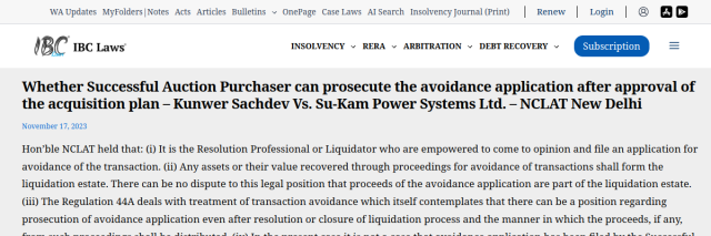 Kunwer Sachdev vs Su-Kam — NCLAT (Avoidance Application), Nov 2023