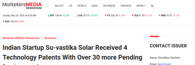 Indian Startup Su-vastika Solar Received 4 Technology Patents