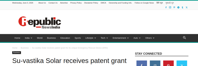 Su-vastika Solar Receives Patent Grant for Emergency Rescue Device