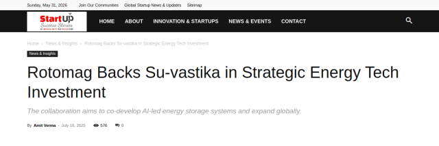 Rotomag Backs Su-vastika in Strategic Energy Tech Investment