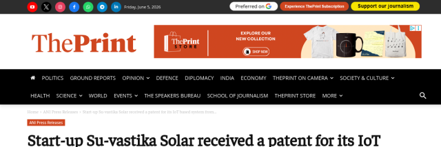 Su-vastika Solar Received a Patent for Its IoT Based System