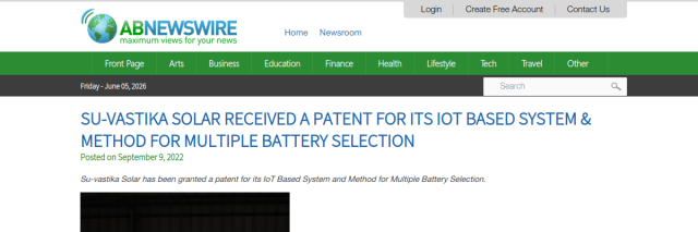 Suvastika Solar Received a Patent for IoT System – ABNewswire