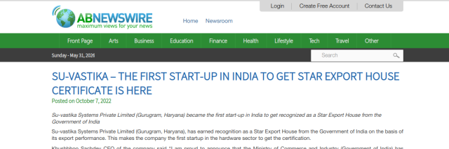 Suvastika – First Startup in India to Get Star Export House Certificate