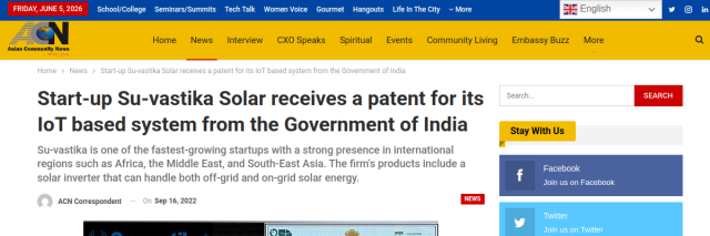Su-vastika Solar Receives a Patent – Asian Community News