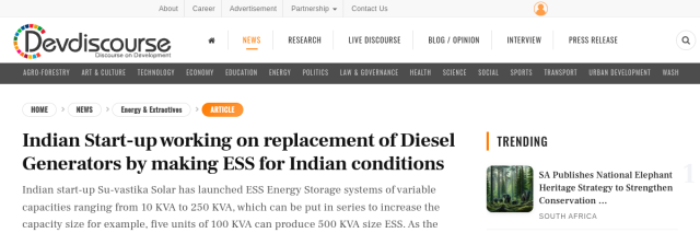 Indian Start-up Working on Replacement of Diesel Generators by Making ESS