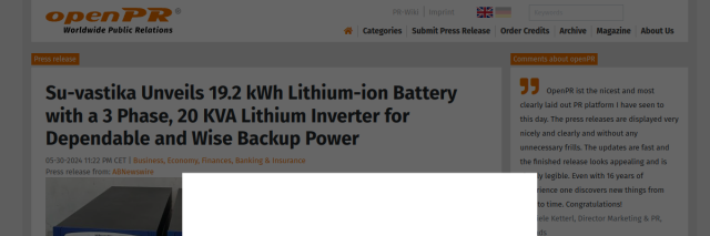 Su-vastika Unveils 19.2 kWh Lithium-ion Battery with 3-Phase 20 KVA Inverter
