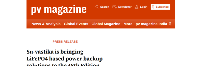 Su-vastika Is Bringing LiFePO4-Based Power Backup Solutions to Middle East Energy Dubai