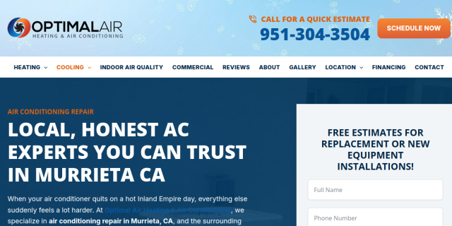 Optimal Air Heating & Air Conditioning website screenshot