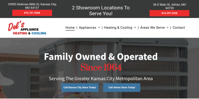 Del’s Appliance Heating & Cooling Offers  Furnace Repair Service In Kansas City MO website screenshot