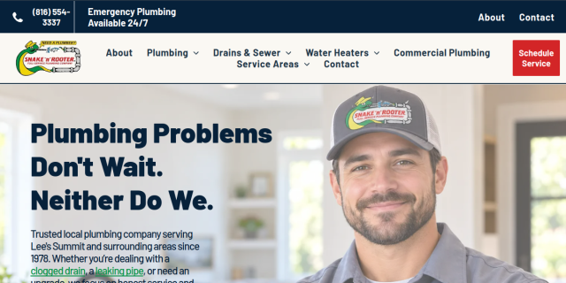 Snake ‘n’ Rooter Plumbing Company Offers 24/7 Emergency Plumbing in Lee’s Summit, MO. website screenshot
