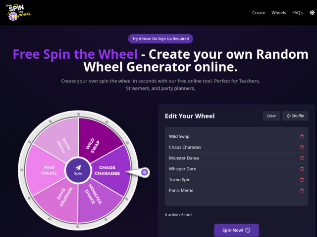 Free Spin the Wheel homepage