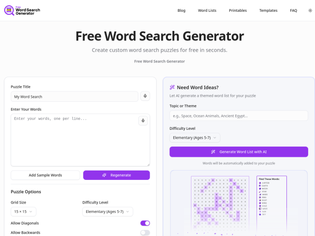 Free Word Search Generator homepage
