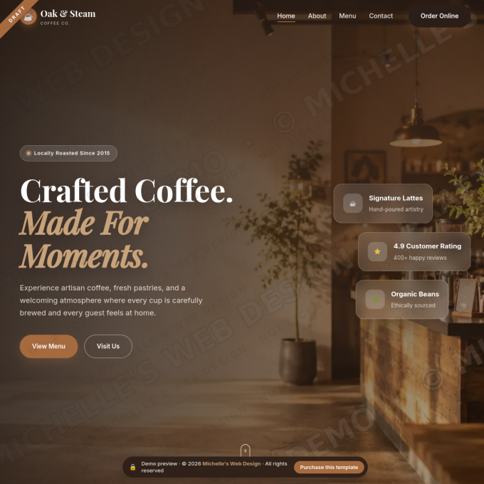 Oak and Steam Coffee website preview