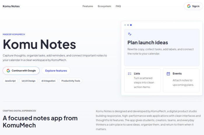 Komu Notes website preview
