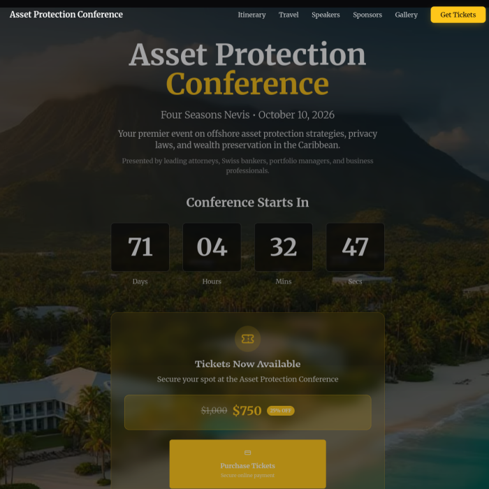 Asset Protection Conference event website with countdown timer and ticket call to action built by Hunter Scales