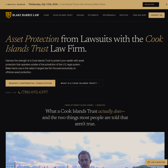 Blake Harris Law asset protection law firm website homepage built by Hunter Solutions Group
