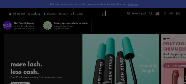 e.l.f. Cosmetics website screenshot