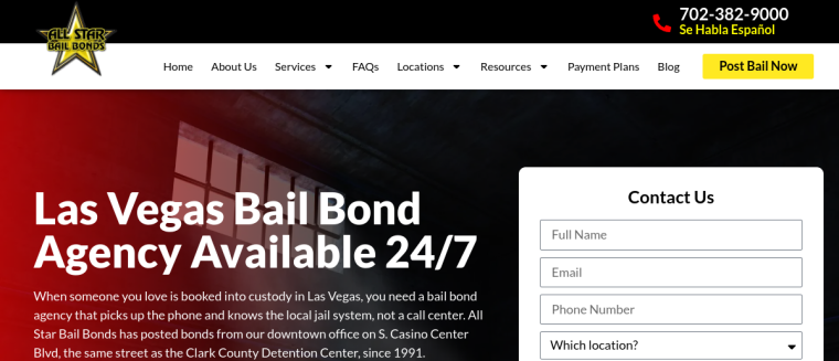 Screenshot of All Star Bail Bonds website