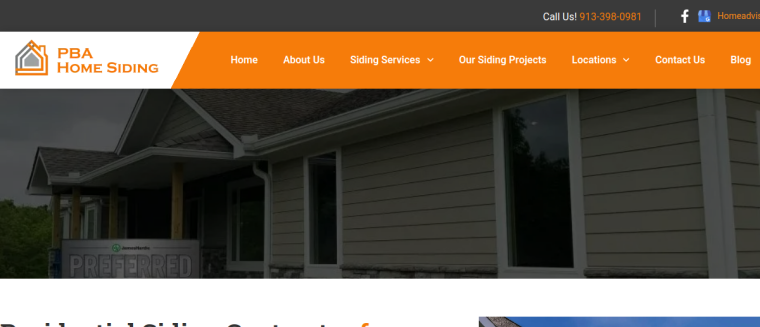 Screenshot of PBA Home Siding website