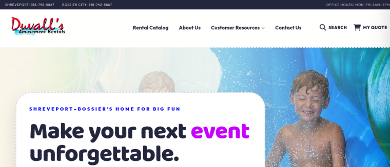 Screenshot of Duvalls Amusement Rentals website