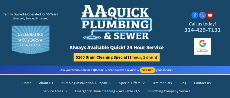 Screenshot of A A Quick Electric Sewer Service website