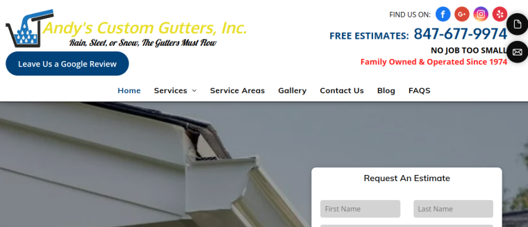 Screenshot of Andy's Custom Gutters, Inc. website