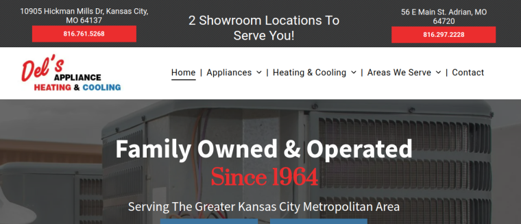 Screenshot of Del's Appliance Heating & Cooling website