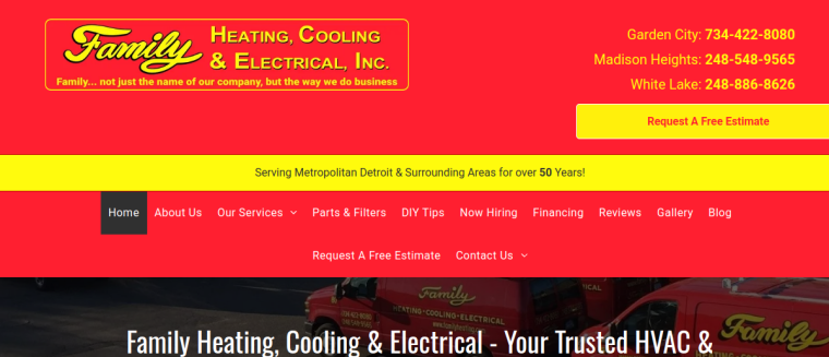 Screenshot of Family Heating, Cooling & Electrical Inc. website
