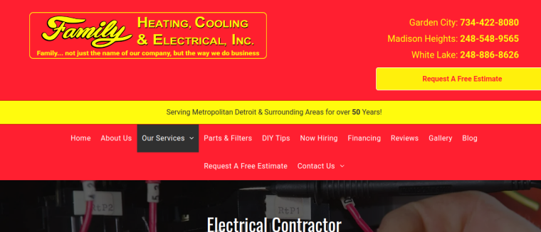 Screenshot of Family Heating, Cooling & Electrical Inc. website