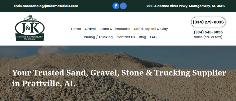 Screenshot of J & K Materials & Trucking Inc website