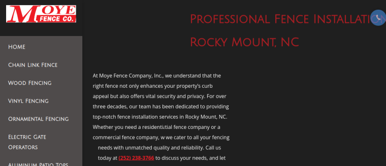 Screenshot of Moye Fence Company, Inc. website