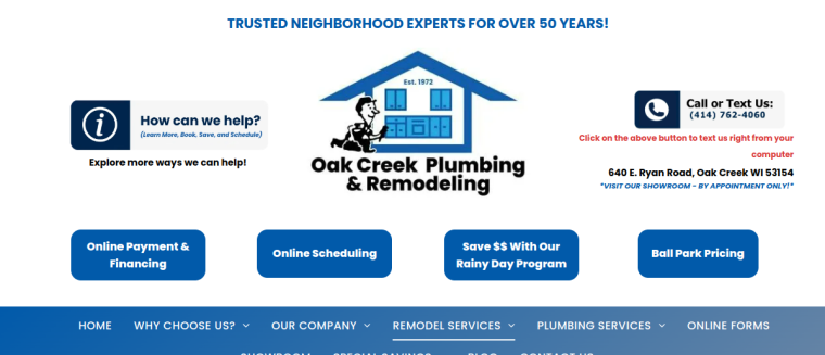 Screenshot of Oak Creek Plumbing and Remodeling website