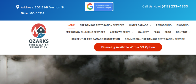 Screenshot of Ozarks Fire and Water Restoration website