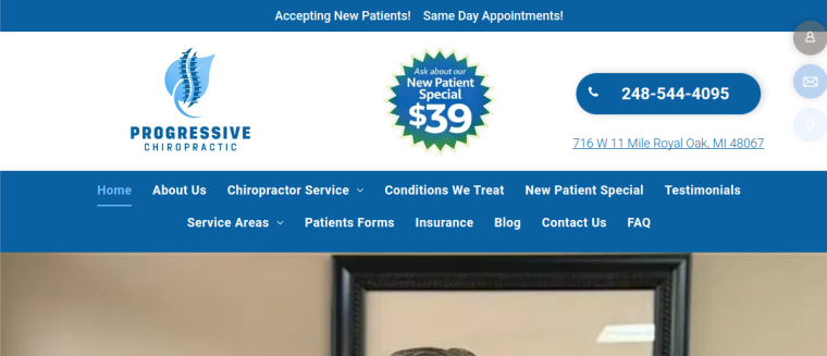 Screenshot of Progressive Chiropractic website
