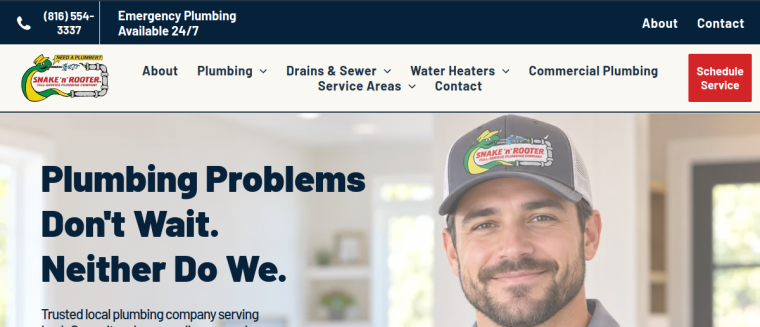 Screenshot of Snake 'n' Rooter Plumbing Company website